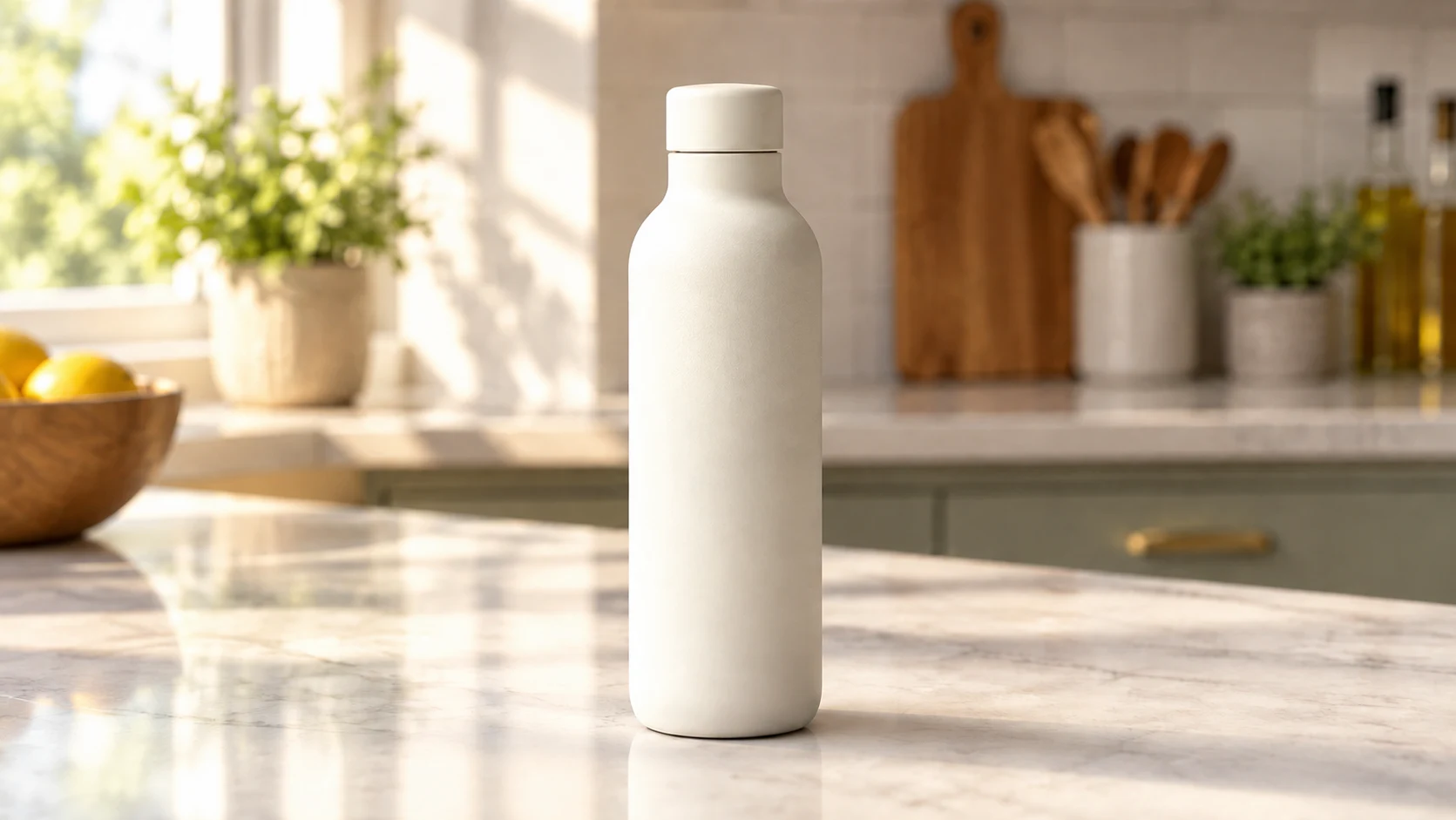 Edited kitchen result with a softer, less defined shadow to the right of the ivory bottle
