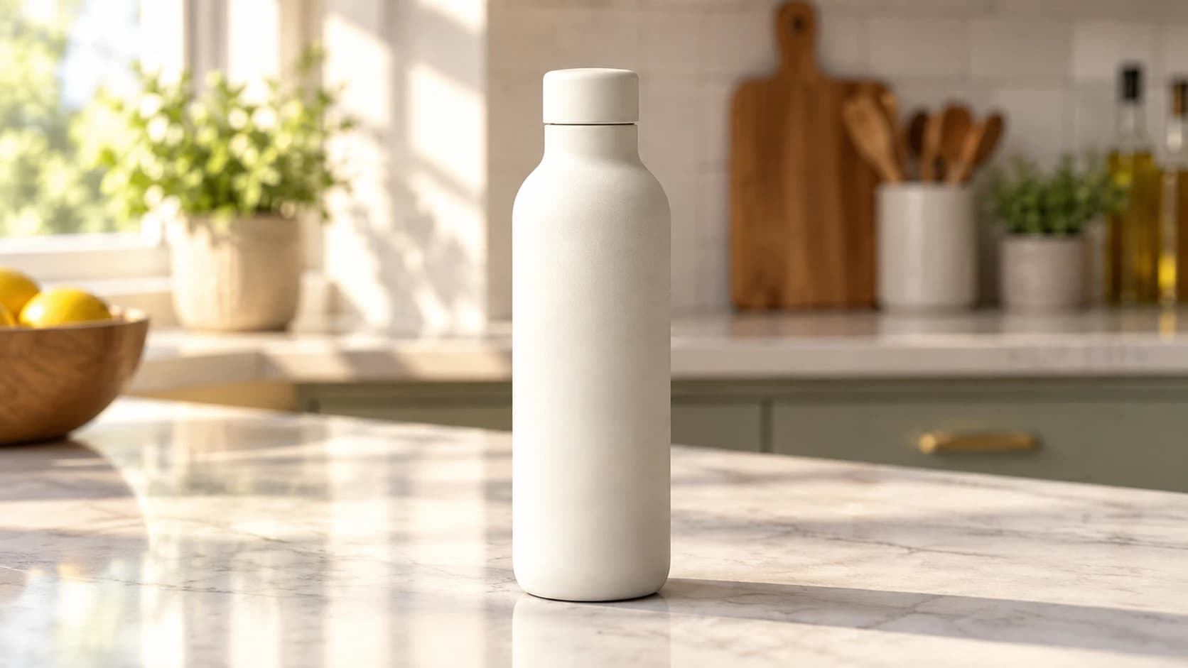 Ivory bottle on a sunlit kitchen counter, generated in the background editing tutorial