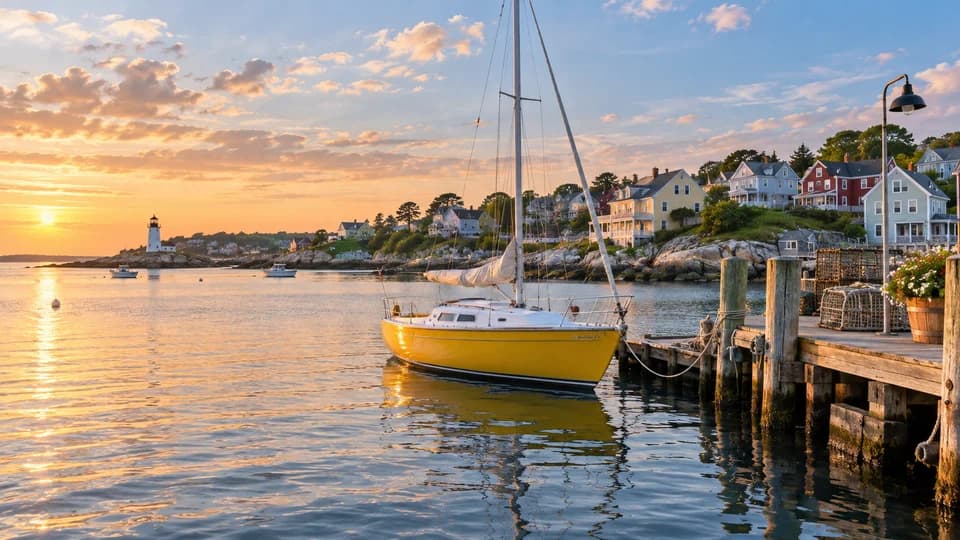 Illustrative seaside landscape with a yellow sailboat and coastal houses